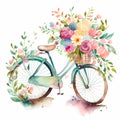 Cute Spring Watercolor Bicycle with Flowers on white background Illustration Generative AI