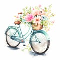 Cute Spring Watercolor Bicycle with Flowers on white background Illustration Generative AI