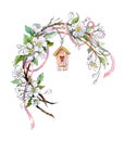 Cute Spring Wreath With Apple Tree Flowers, A Small Birdhouse And A Pink Ribbon. Watercolor Illustration, Handmade.