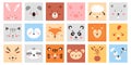 Cute square animal faces set, farm and wild animal or bird portrait collection design Royalty Free Stock Photo