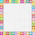 Cute square love border made of hand drawn hearts in bright colors isolated Royalty Free Stock Photo