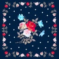 Cute square pattern with bouquet of roses and cosmos flowers on dark blue background and floral frame. Royalty Free Stock Photo