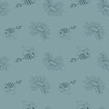 Cute square silent pattern of daisy flower and bee. Doodle art outline on a blue background. Print for fabrics, clothes, wrapping Royalty Free Stock Photo