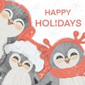 Cute square winter happy holidays greeting card with three smiling penguins Royalty Free Stock Photo