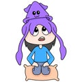 Cute squid is on top of a sitting human head, doodle icon image kawaii