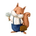 cute squirrel with flowers, watercolor 1 September illustration with cartoon character