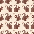 Cute squirrel with acorns seamless pattern background. Red brown woodland animals juggling and holding nuts on neutral Royalty Free Stock Photo