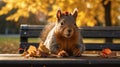 Adorable Squirrel in Autumn Park on Bench Royalty Free Stock Photo
