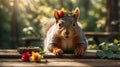 Adorable Squirrel with Flower Crown on Wooden Table in Sunny Forest Royalty Free Stock Photo