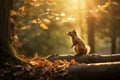 Cute Squirrel in the autumn forest with bright Golden light. Amazing wildlife. Generative Ai