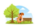 Cute Squirrel in Black Top Hat Walking in the Park with Cane, Adorable Humanized Wild Animal Character on Summer