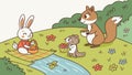 Cute Squirrel & Bunny by Flowing River with Flowers Vector, vector design Generative AI Royalty Free Stock Photo