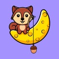 Cute squirrel catch nut from moon mascot character. Animal icon illustration