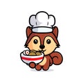 Cute squirrel chef with ramen noodle mascot character. Animal icon illustration