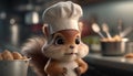 Cute squirrel in chef\'s hat on blurred kitchen background, closeup