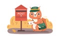 Cute squirrel delivering letter to mailbox concept. Autumn mail. Woodland animal in mailman uniform with post. Children