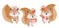 Cute squirrel forest set. Animal collection character with gift and flower Vector happy funny greeting card