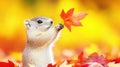 Cute squirrel holding maple leaf, autumn forest, fall foliage, greeting card Royalty Free Stock Photo
