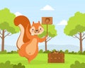 Cute Squirrel Holding Sign Board with Acorn, Adorable Humanized Wild Animal Character Standing on Summer Landscape Next Royalty Free Stock Photo