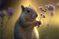 A squirrel holds a flower in his hands and sniffs it