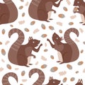 Cute squirrel juggling acorns seamless pattern background. Red brown woodland animals playing ball with nuts on white Royalty Free Stock Photo