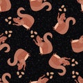 Cute squirrel juggling acorns seamless pattern background. Red brown woodland animals throwing nuts up in the air