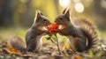 A Cute Squirrel Offering a Flower Gift to Its Lover in a Heartwarming Wildlife Scene. Love and Valentine\'s day greeting card Royalty Free Stock Photo