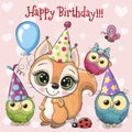 Cute Squirrel and owls with balloon and bonnets