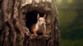 A cute squirrel peeks out of the hollow. AI Generated Royalty Free Stock Photo