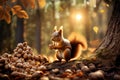 Cute squirrel harvesting a cornucopia of walnuts in the Autumn forest preparing for Winter