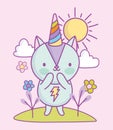 Cute squirrel rainbow flowers grass clouds sun grass cartoon