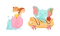 Cute Squirrel Riding on Snail Shell and Elephant in Sweet Pastry Car Vector Set