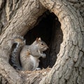 Squirrel in a tree. Squirrel sitting in its nest, the hole in the tree Royalty Free Stock Photo
