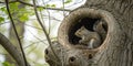 Squirrel in a tree. Squirrel sitting in its nest, the hole in the tree Royalty Free Stock Photo