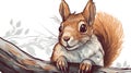 Cute squirrel sitting on a tree branch. Hand drawn vector illustration.