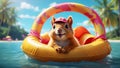 Cute squirrel in a swimming circle sea funny leisure banner Royalty Free Stock Photo