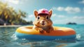 Cute squirrel in a swimming circle sea funny leisure banner resort holiday Royalty Free Stock Photo