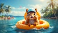 Cute squirrel in a swimming circle sea funny leisure banner resort vacation Royalty Free Stock Photo