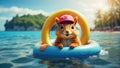 Cute squirrel in a swimming circle sea leisure banner resort vacation Royalty Free Stock Photo