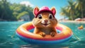 Cute squirrel in swimming circle sea leisure banner resort vacation Royalty Free Stock Photo