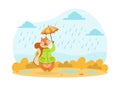 Cute Squirrel Walking with Umbrella under the Rain, Adorable Wild Animal Character on Autumn Landscape Cartoon Vector Royalty Free Stock Photo