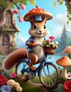 A cute squirrel wearing mushroom hat, riding a bicycle with flower, in a whimsical landscape of flower and mushroom, sky, clouds