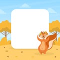 Cute Squirrel in Wreath of Colorful Leaves with Blank Empty Banner, Wild Animal Character on Autumn Landscape Vector