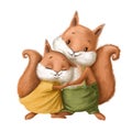 Cute squirrels couple tender hugs, watercolor clipart, valentines illustration with cartoon characters