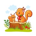 Cute squirrels are sitting on a wooden stump on a white background. Vector illustration in cartoon style Royalty Free Stock Photo