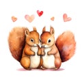 Cute Squirrels for Valentines Day. Watercolor. AI generated