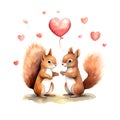 Cute Squirrels for Valentines Day. Watercolor. AI generated