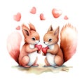 Cute Squirrels for Valentines Day. Watercolor. AI generated