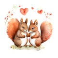 Cute Squirrels for Valentines Day. Watercolor. AI generated