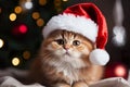 A cute santa claus cat on bokeh background. Generative AI.